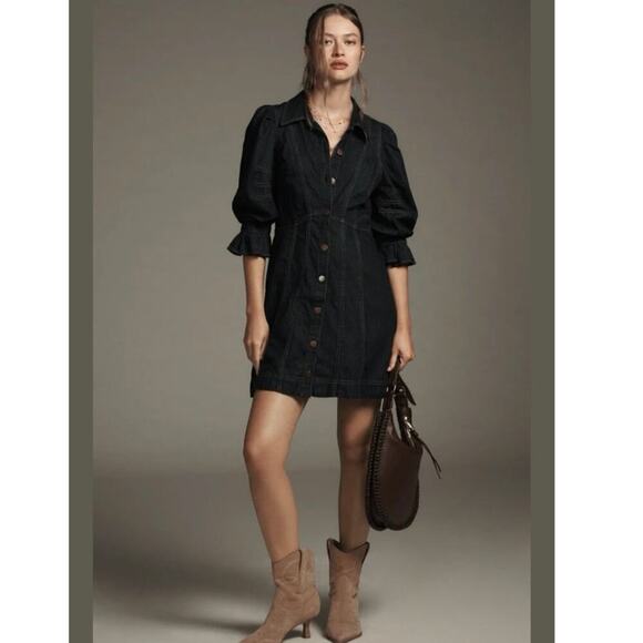 Anthropologie Dresses & Skirts - 💕Anthropologie Dark Blue Denim Puff Sleeve Dress size 6